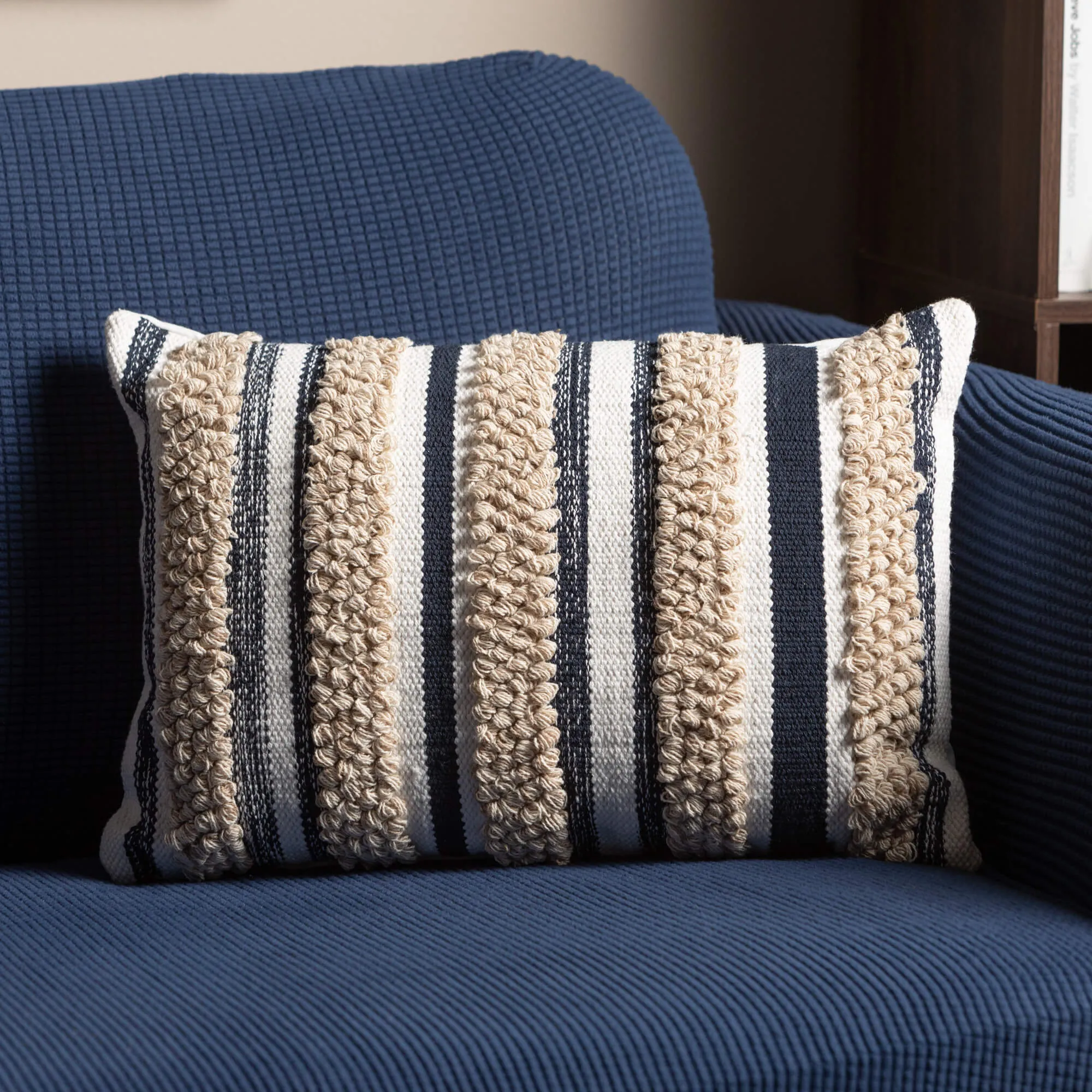 13"H Sullivans Khaki Indigo Stripe Pillow, Multicolored