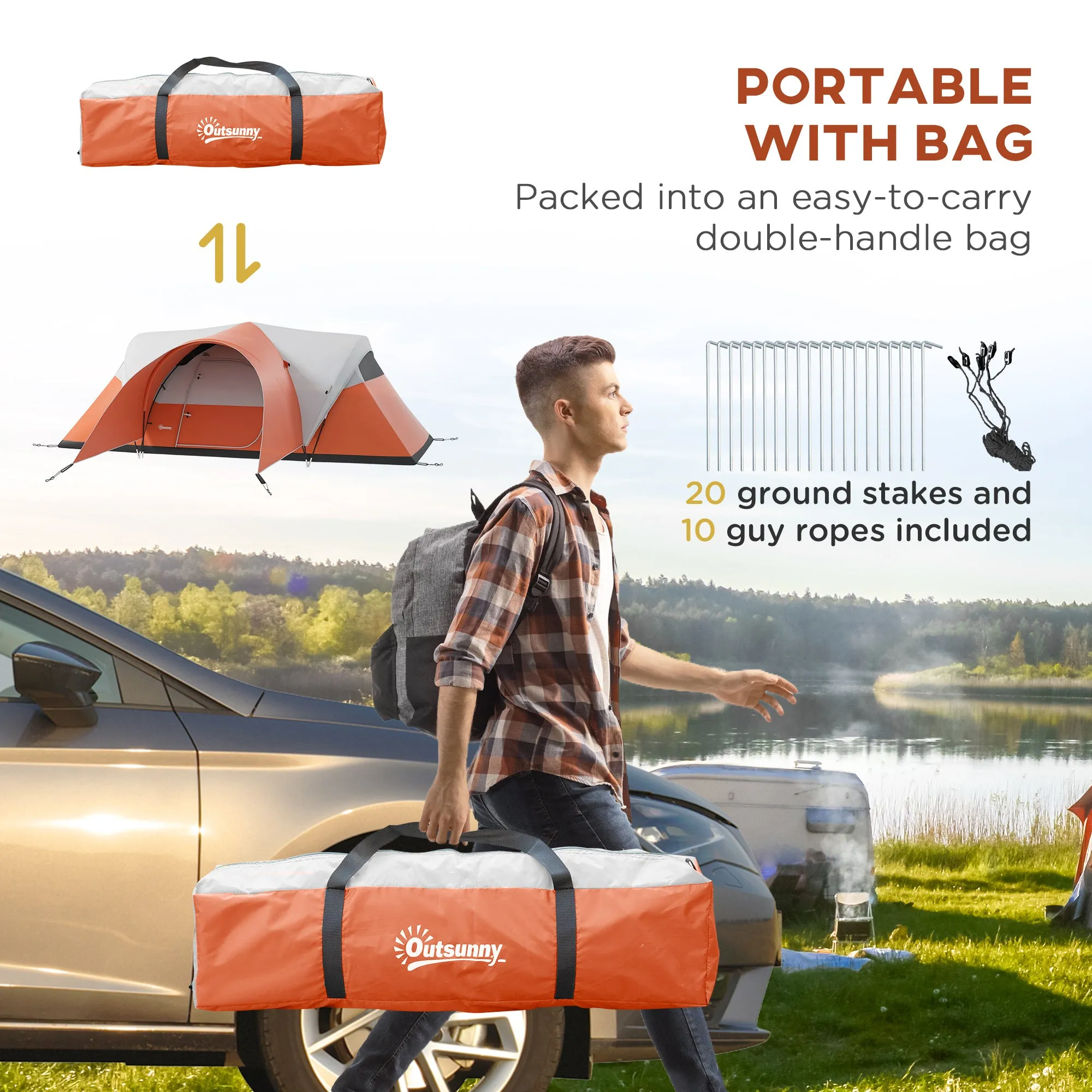 3000mm Waterproof Camping Tent for 5-6 Man, Family Tent with Porch and Sewn in Groundsheet, Portable with Bag, Orange