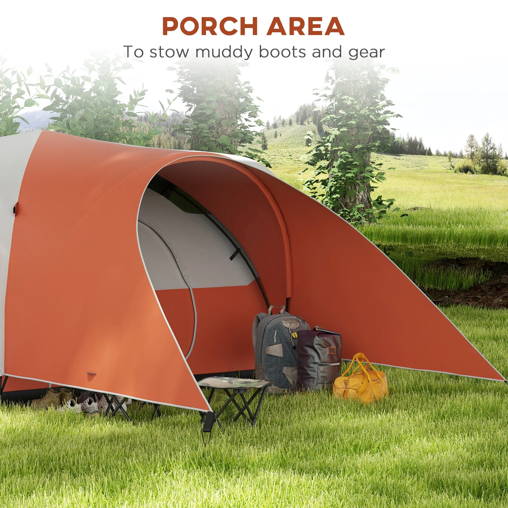 3000mm Waterproof Camping Tent for 5-6 Man, Family Tent with Porch and Sewn in Groundsheet, Portable with Bag, Orange