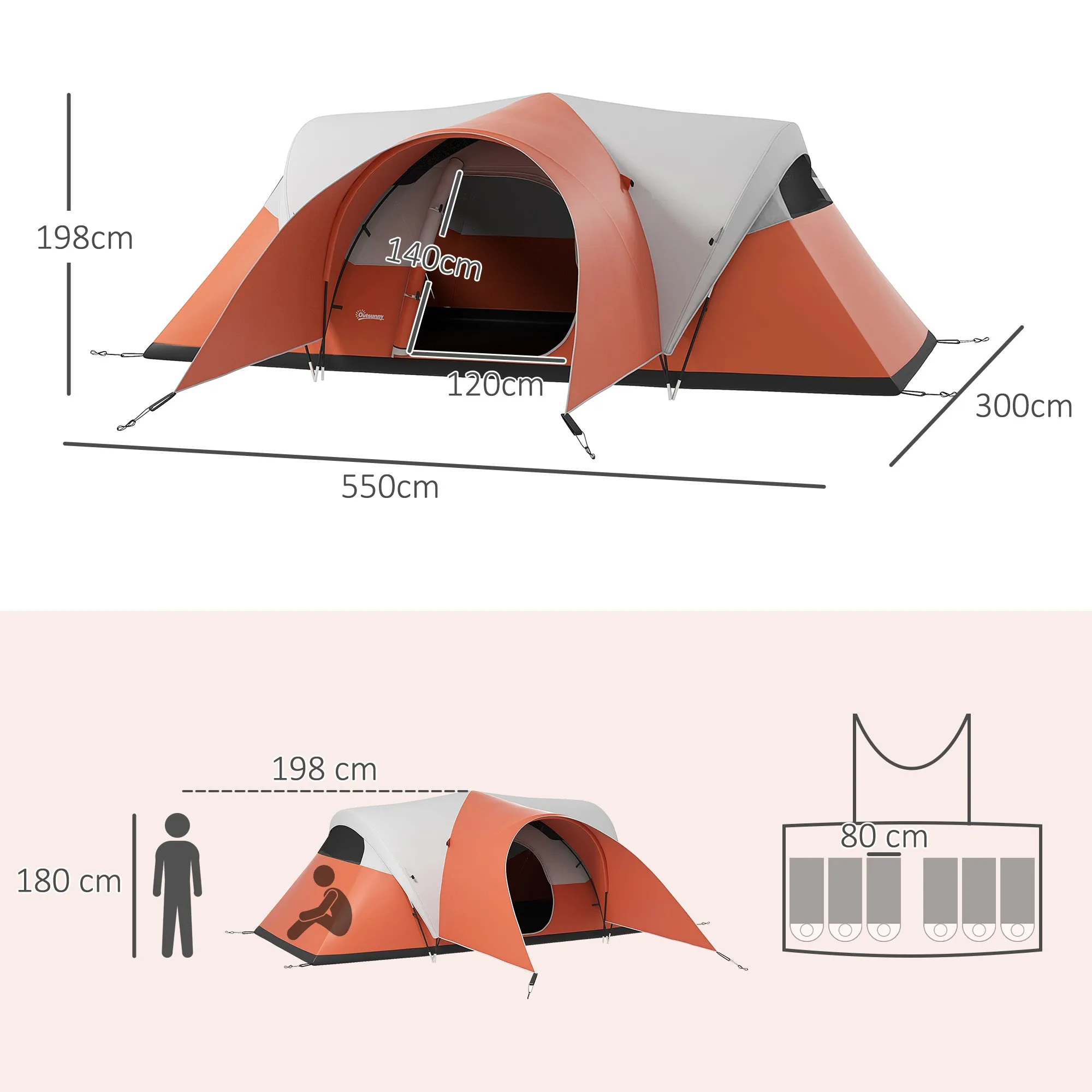 3000mm Waterproof Camping Tent for 5-6 Man, Family Tent with Porch and Sewn in Groundsheet, Portable with Bag, Orange