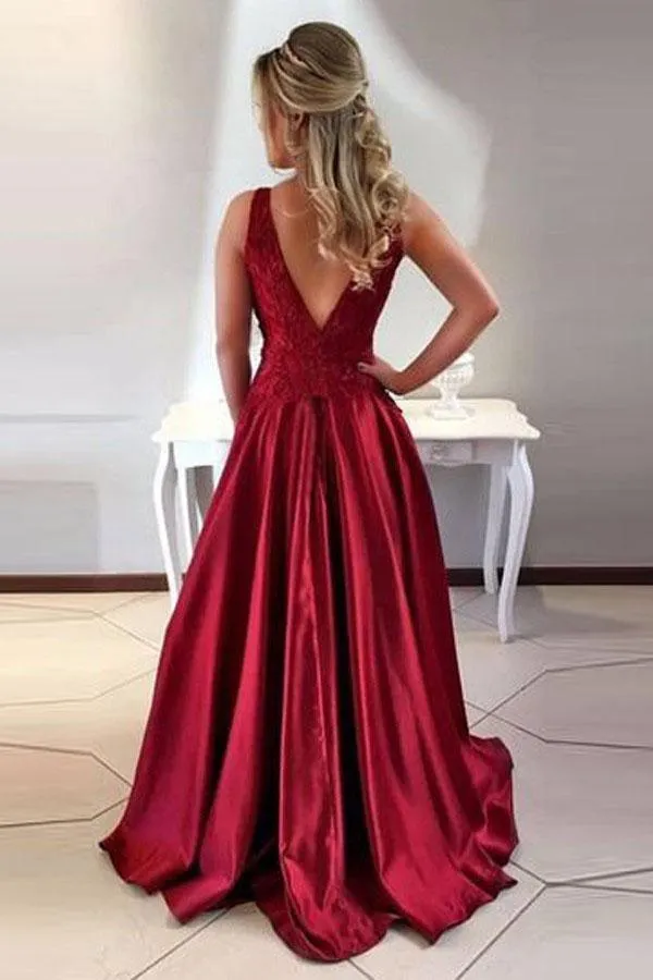 A-Line Round Neck V-Back Maroon Satin Prom Dresses with Lace PG455