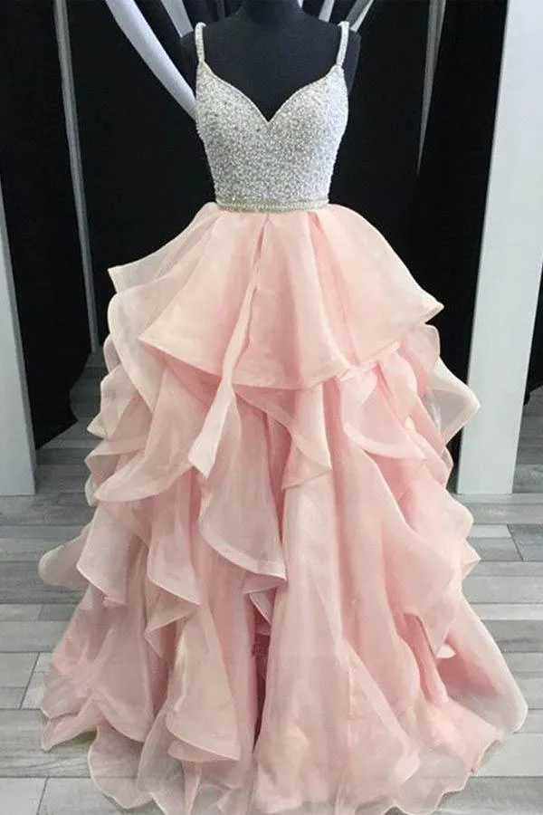 A-Line Straps Backless Tiered Organza Beaded Prom Dress  PG532
