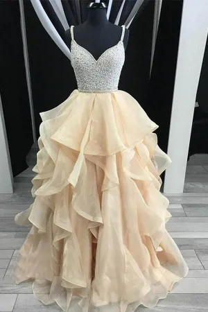 A-Line Straps Backless Tiered Organza Beaded Prom Dress  PG532