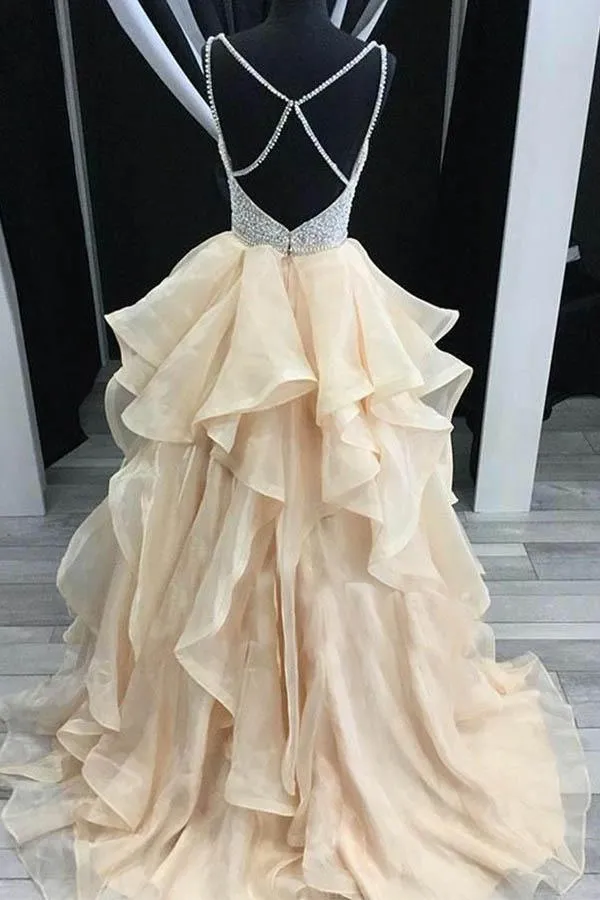 A-Line Straps Backless Tiered Organza Beaded Prom Dress  PG532
