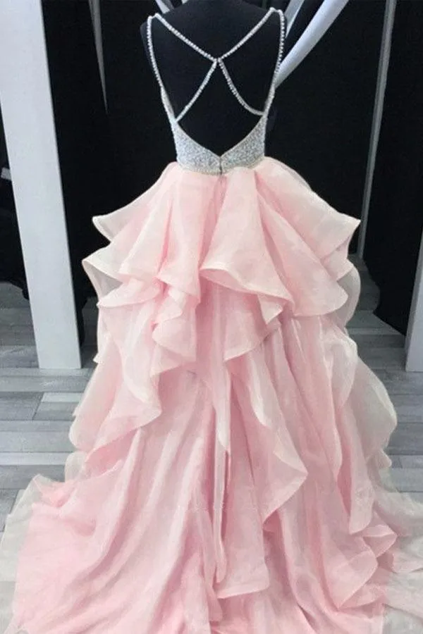 A-Line Straps Backless Tiered Organza Beaded Prom Dress  PG532