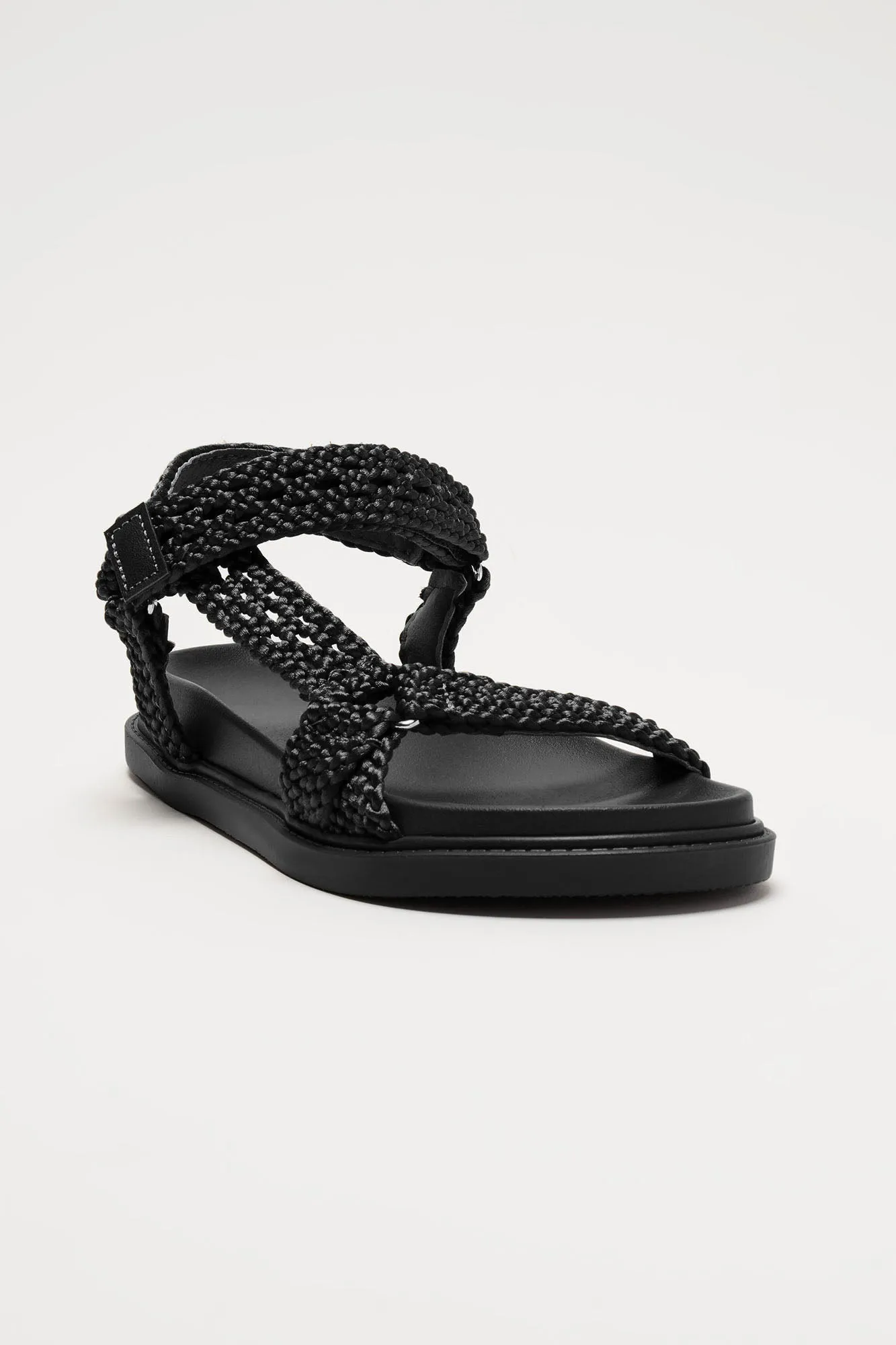 Ava Woven Strappy Flat Sandals - Black