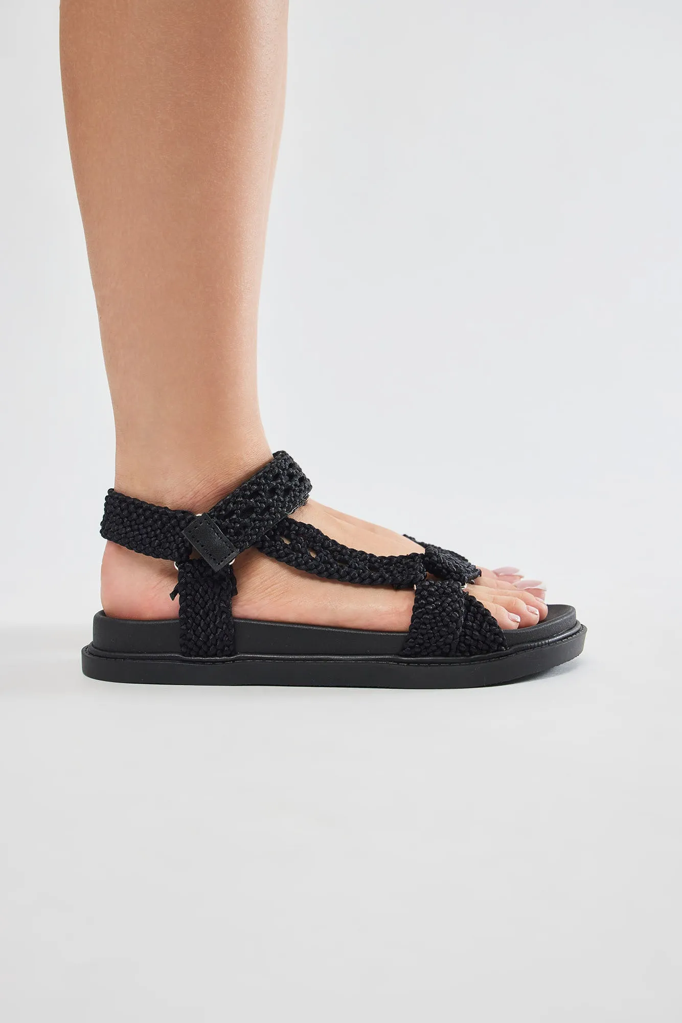Ava Woven Strappy Flat Sandals - Black