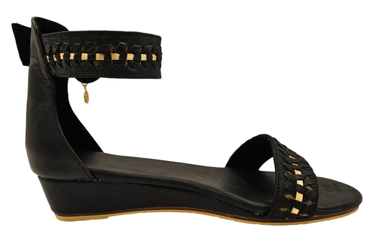 Black Leather Wedges with Gold Trim