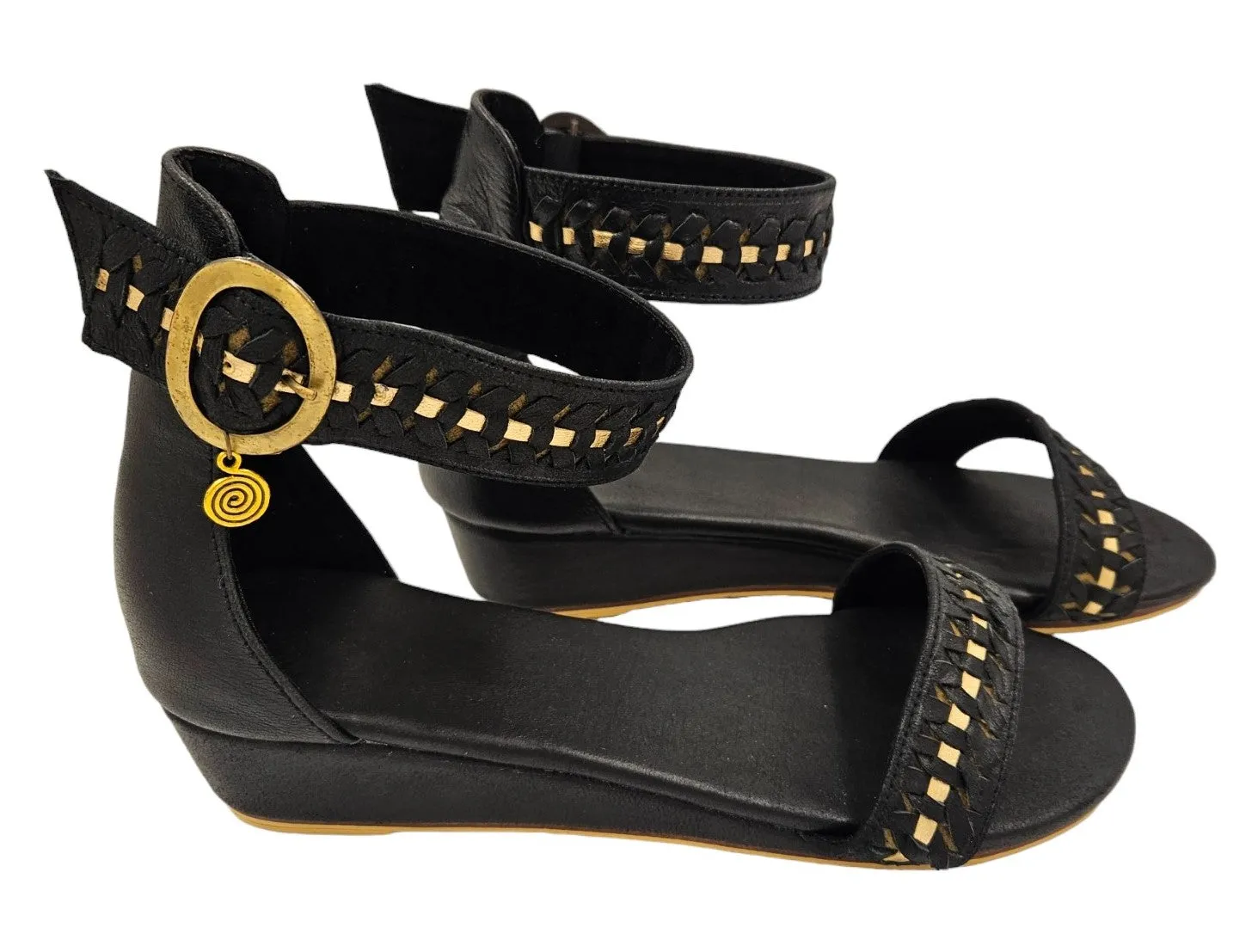 Black Leather Wedges with Gold Trim