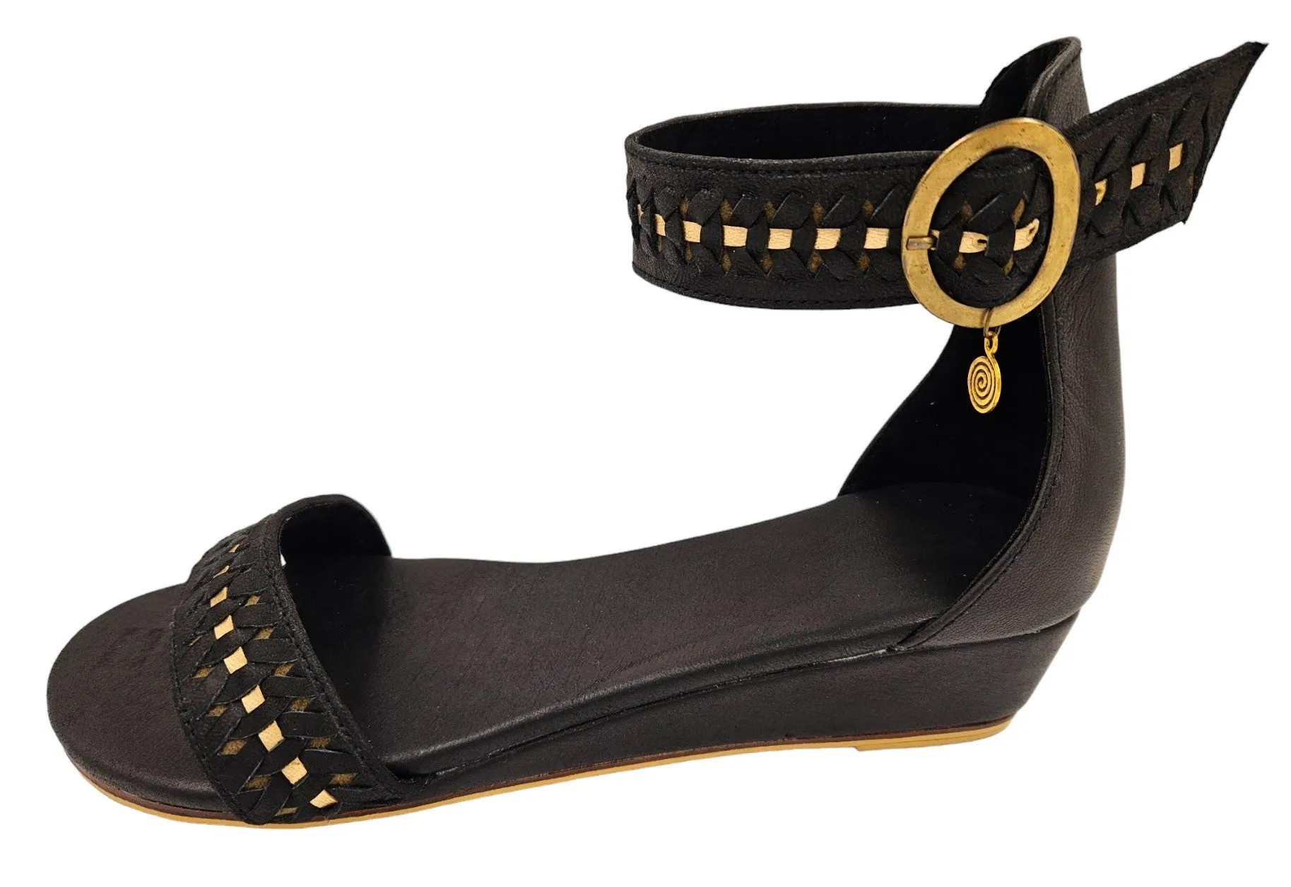 Black Leather Wedges with Gold Trim