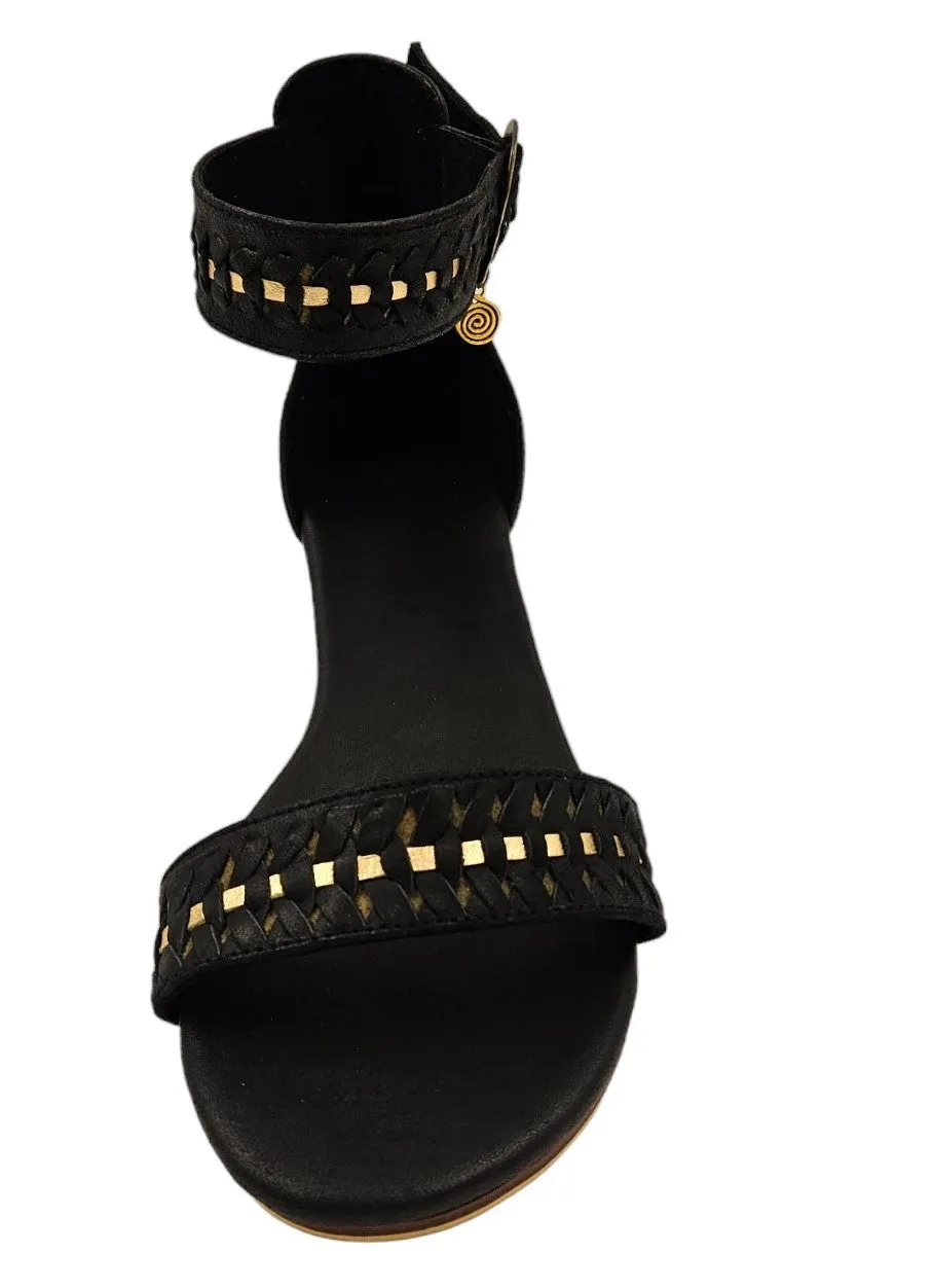 Black Leather Wedges with Gold Trim