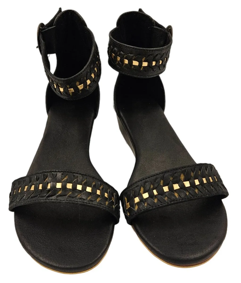 Black Leather Wedges with Gold Trim