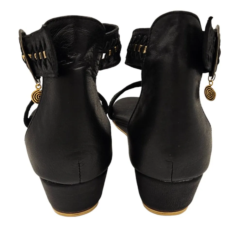 Black Leather Wedges with Gold Trim