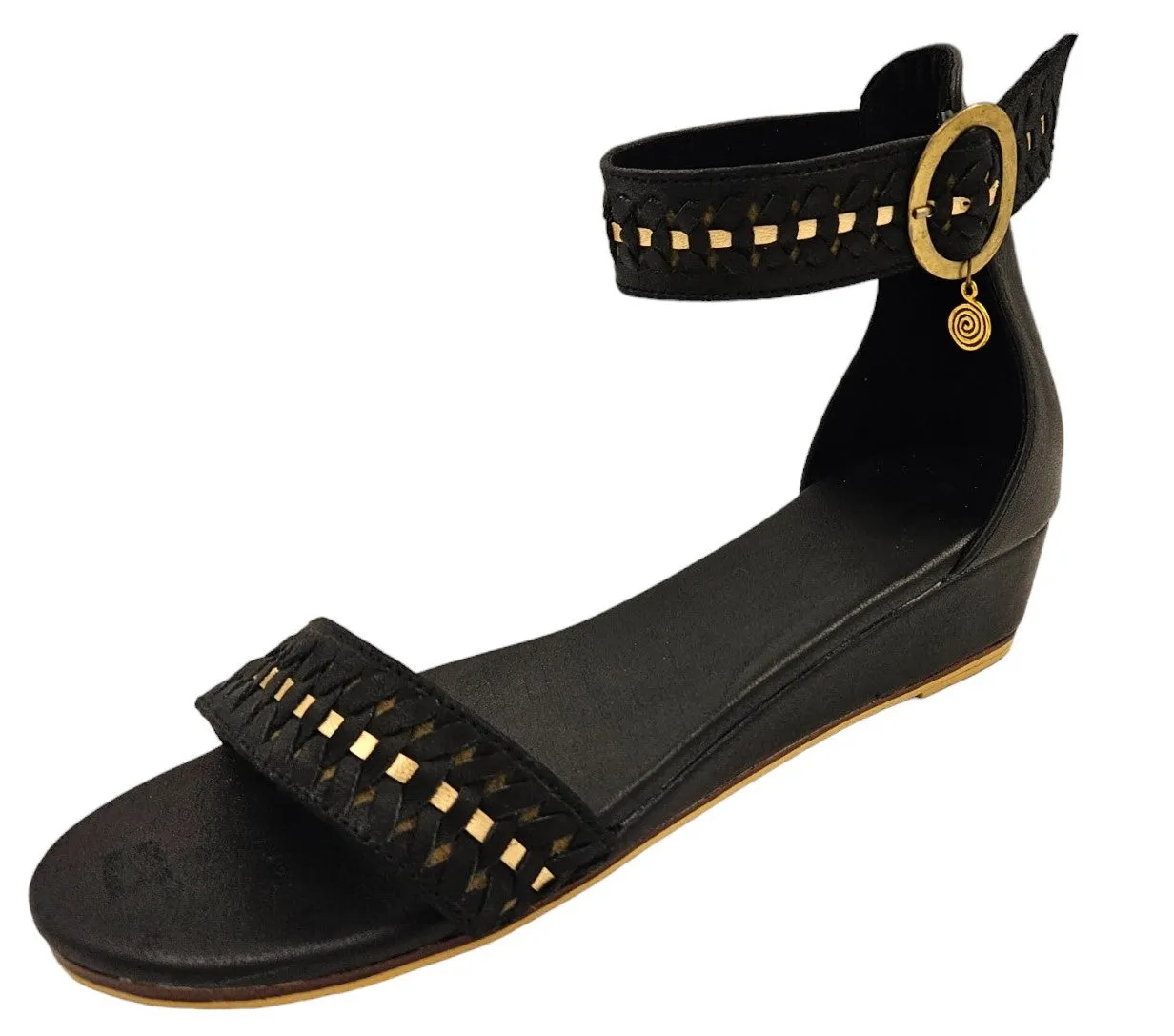 Black Leather Wedges with Gold Trim