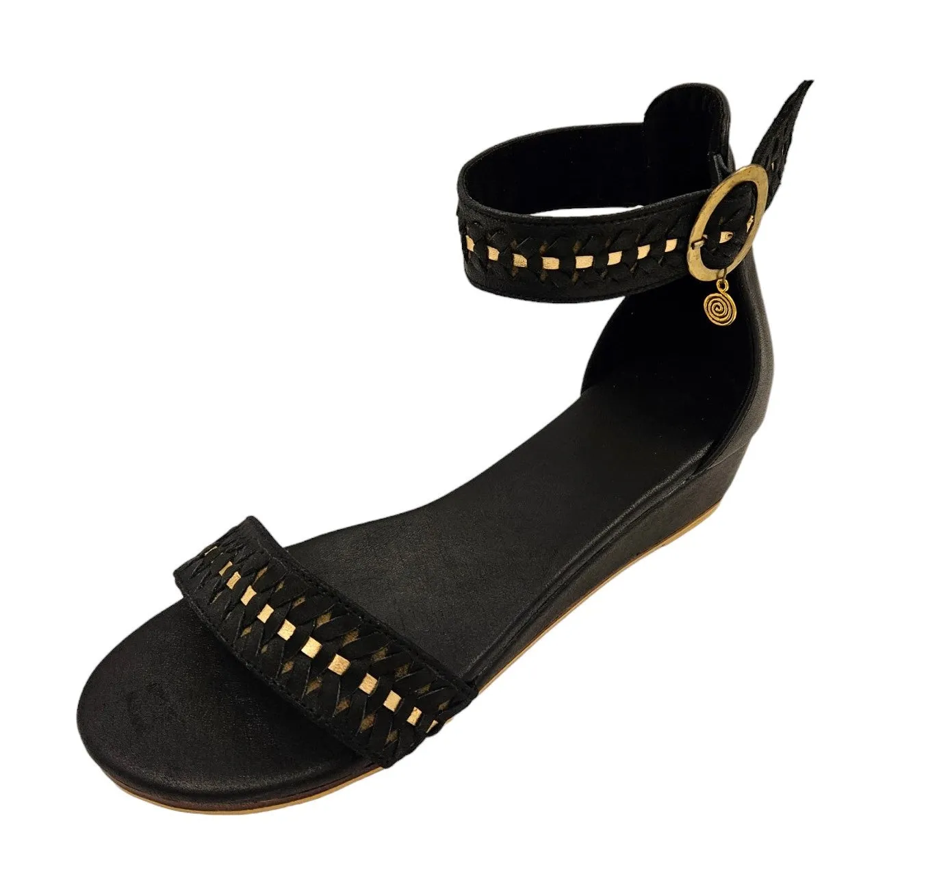 Black Leather Wedges with Gold Trim