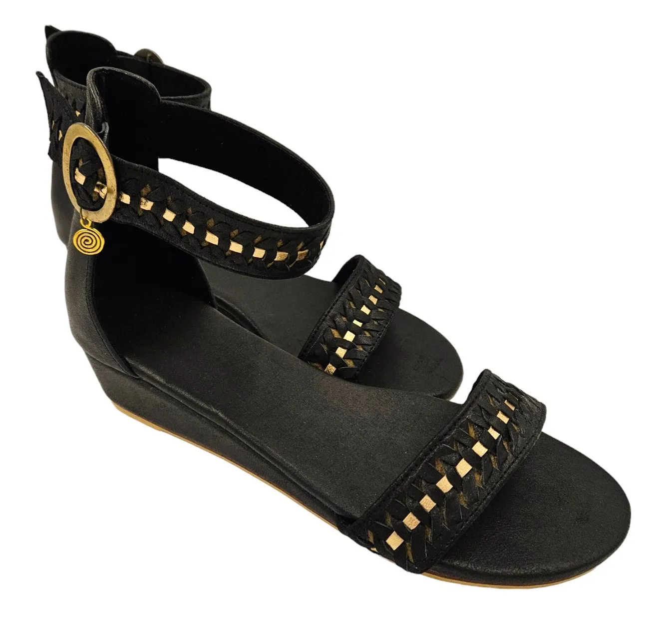 Black Leather Wedges with Gold Trim