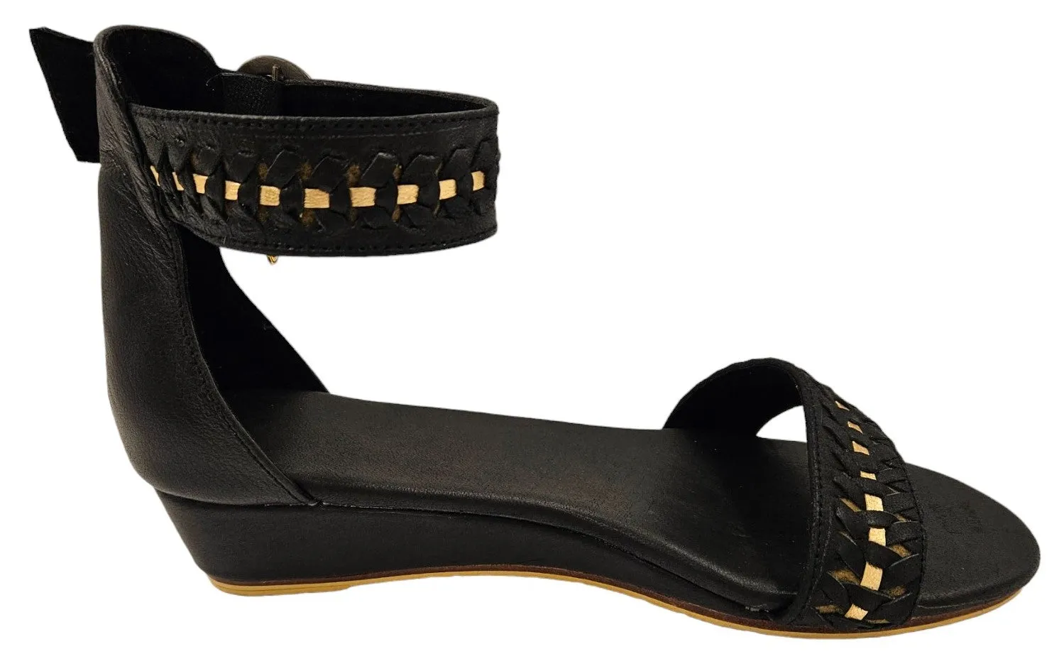 Black Leather Wedges with Gold Trim