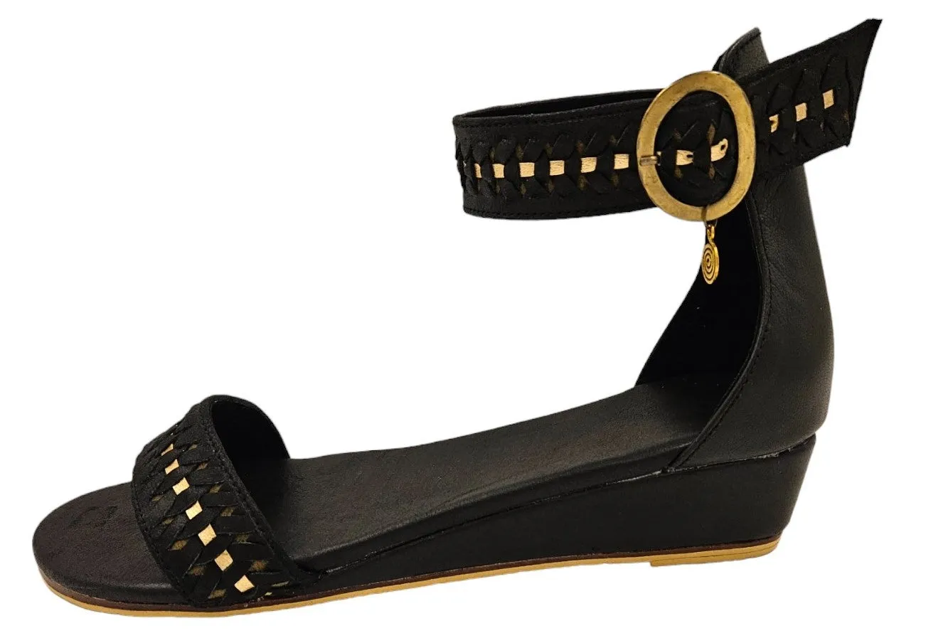 Black Leather Wedges with Gold Trim