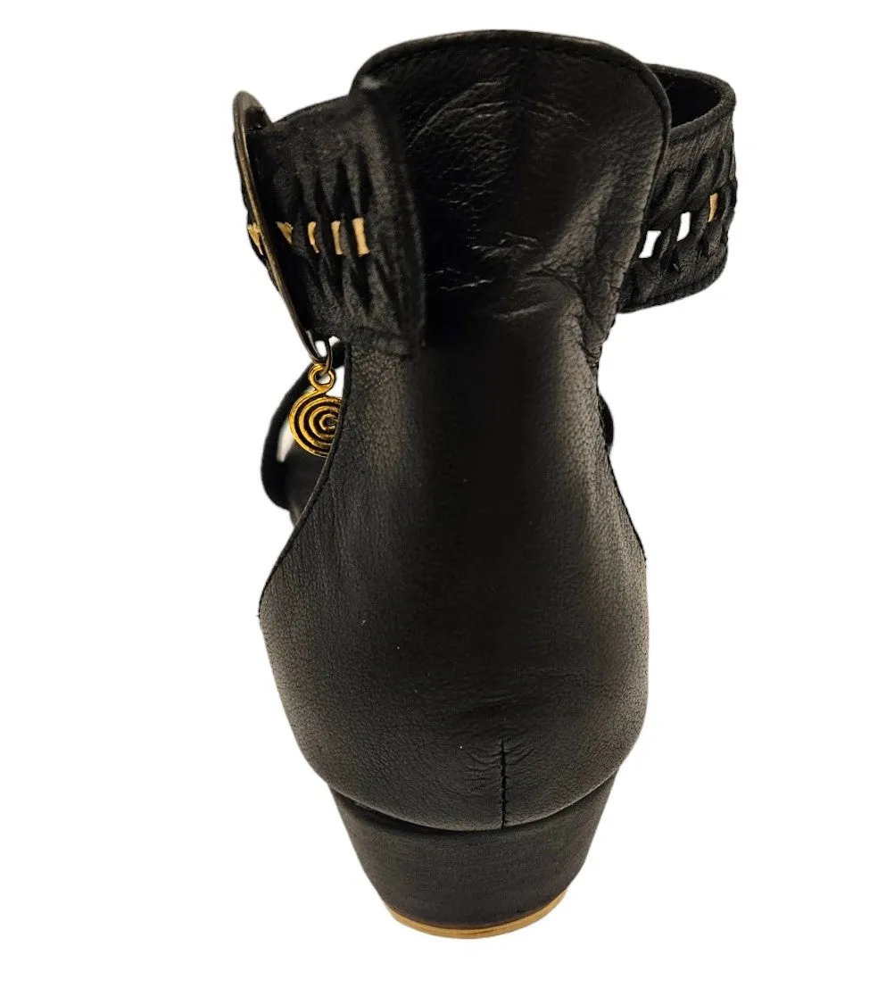 Black Leather Wedges with Gold Trim