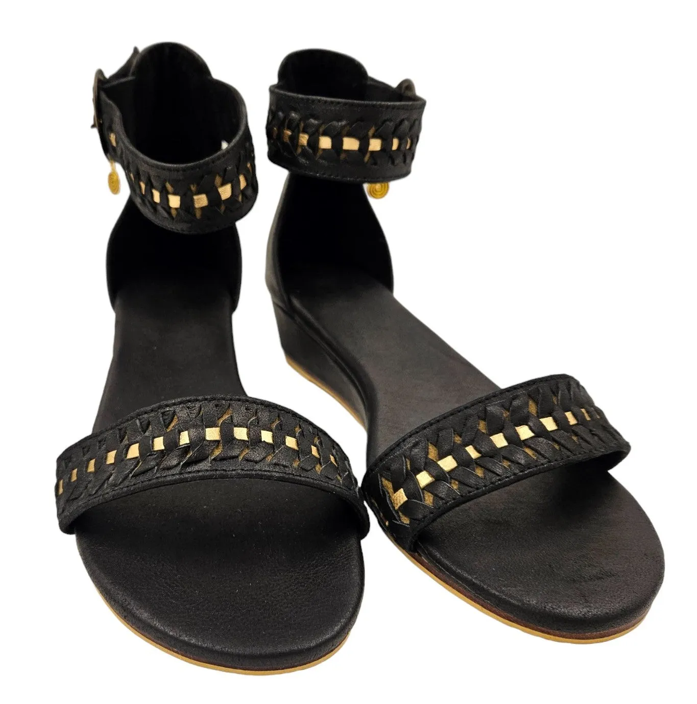 Black Leather Wedges with Gold Trim