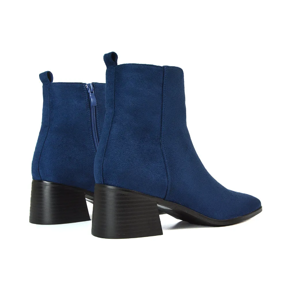 Cece Low Block Heel Square Toe Chelsea Ankle Boots in Black Synthetic Leather