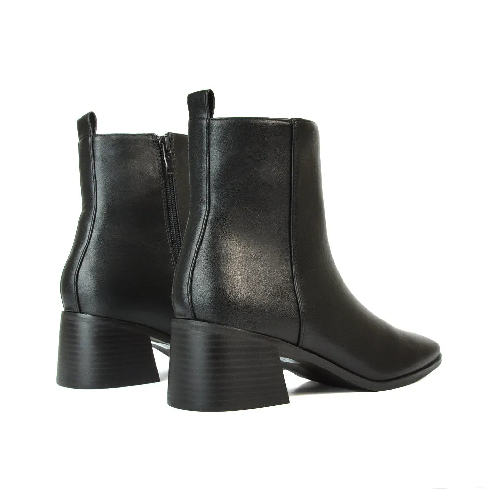 Cece Low Block Heel Square Toe Chelsea Ankle Boots in Black Synthetic Leather