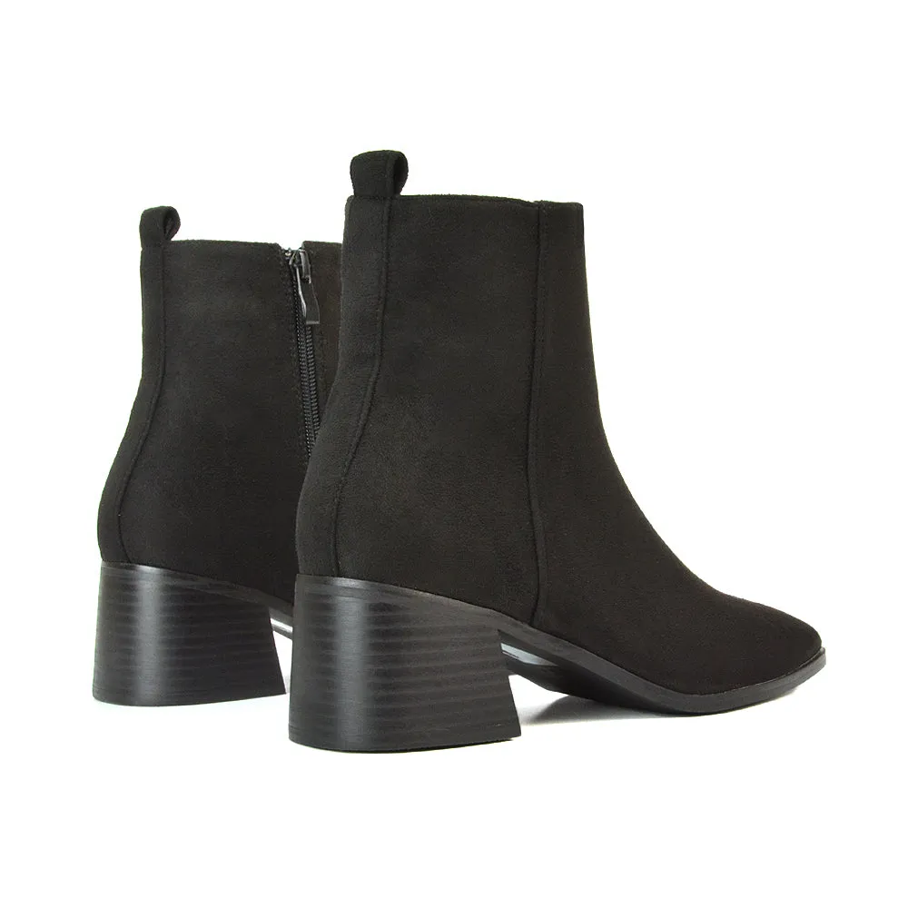 Cece Low Block Heel Square Toe Chelsea Ankle Boots in Black Synthetic Leather