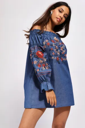 Dark Blue Denim Embroidered Bardot Mini Dress