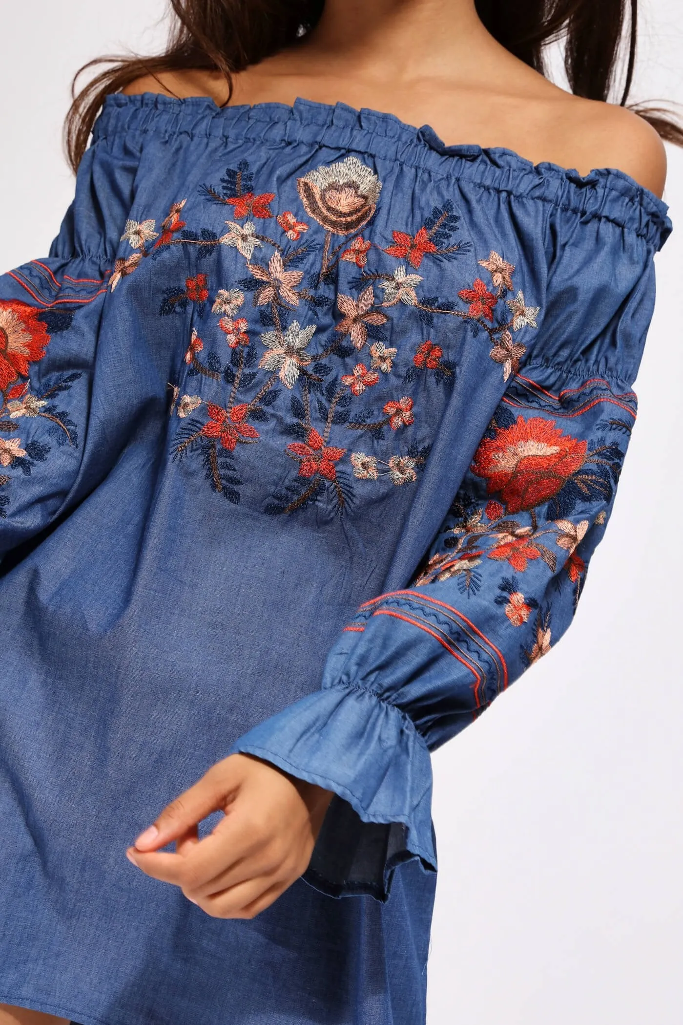 Dark Blue Denim Embroidered Bardot Mini Dress