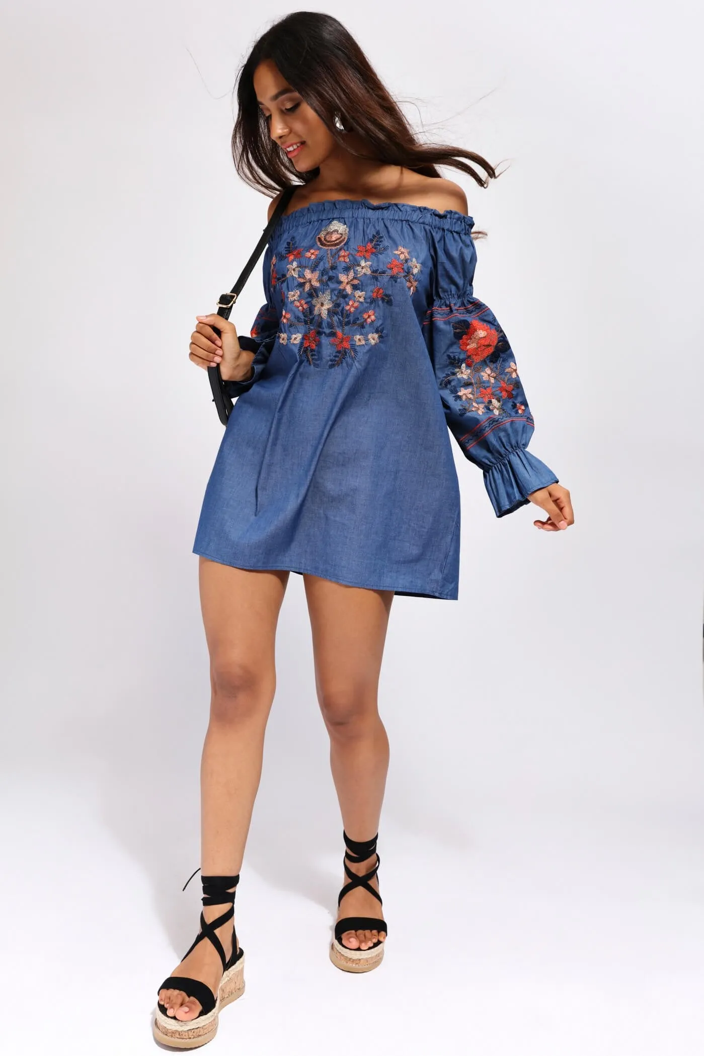 Dark Blue Denim Embroidered Bardot Mini Dress