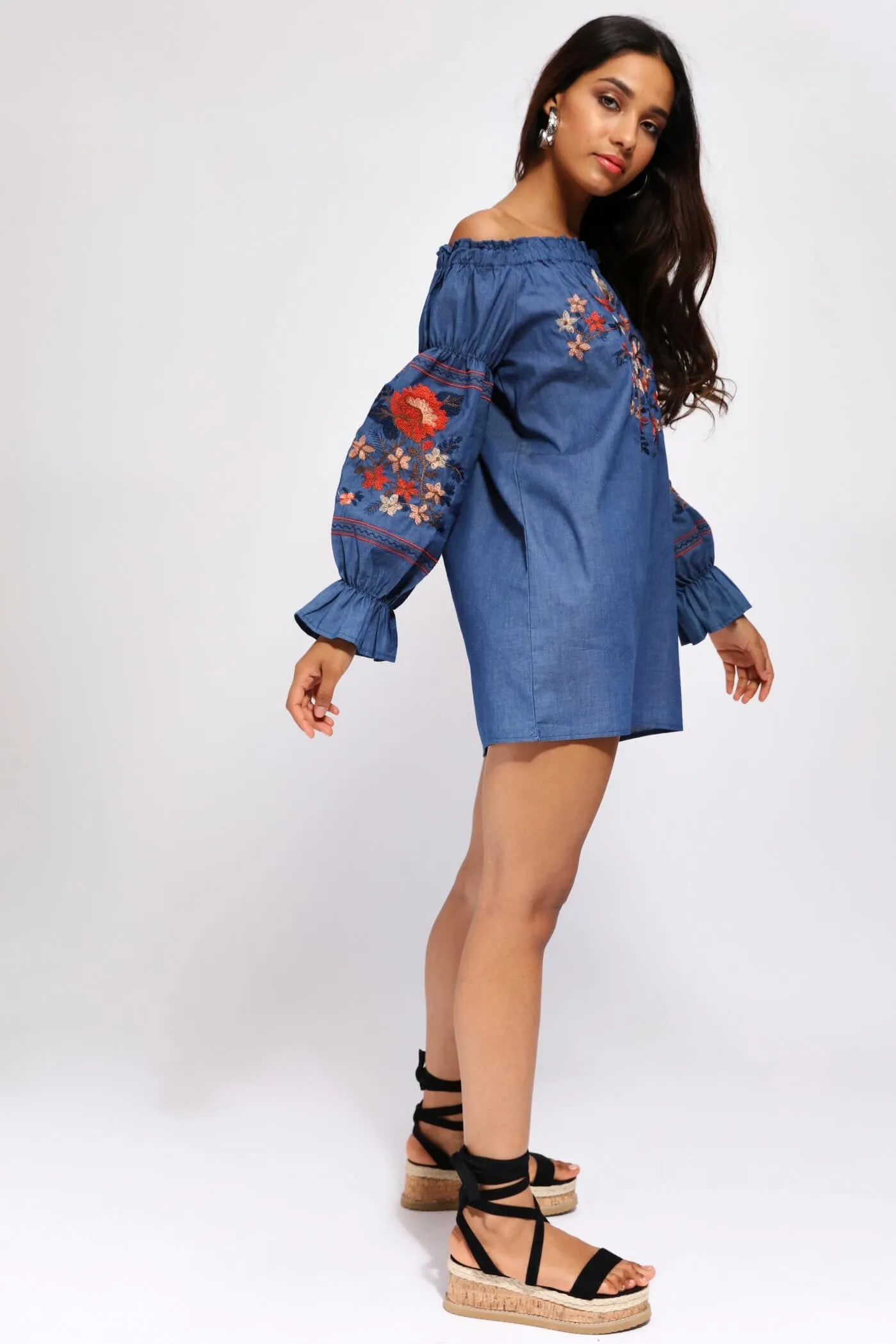Dark Blue Denim Embroidered Bardot Mini Dress