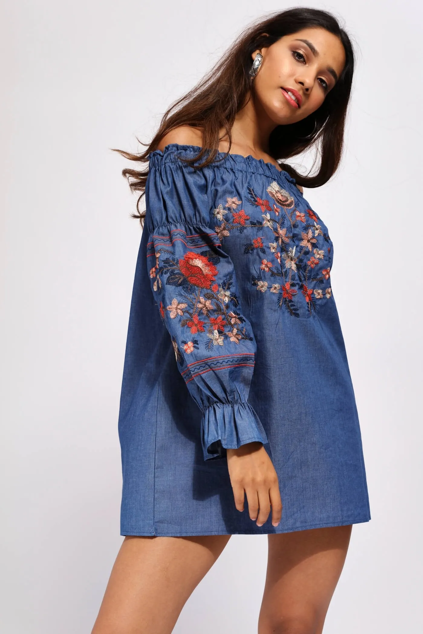 Dark Blue Denim Embroidered Bardot Mini Dress