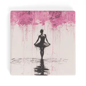 Dreamlike Reverie: Ballerina Dancing Amidst Pink Clouds and Gentle Rain Square Ceramic Coasters - Set of 4