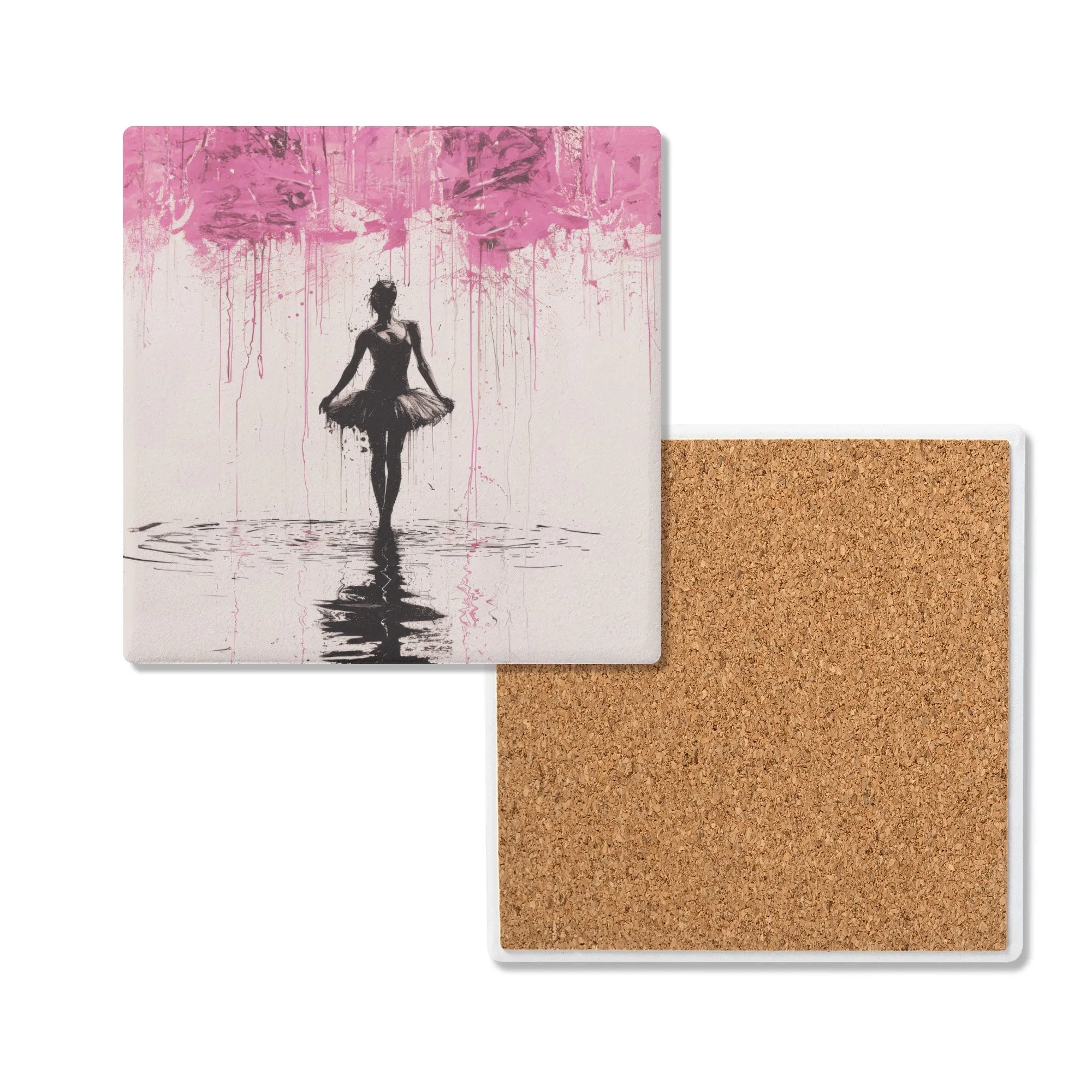 Dreamlike Reverie: Ballerina Dancing Amidst Pink Clouds and Gentle Rain Square Ceramic Coasters - Set of 4