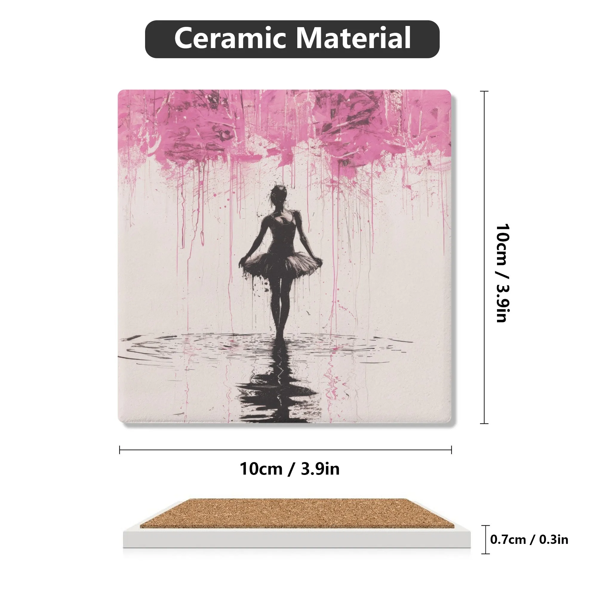 Dreamlike Reverie: Ballerina Dancing Amidst Pink Clouds and Gentle Rain Square Ceramic Coasters - Set of 4