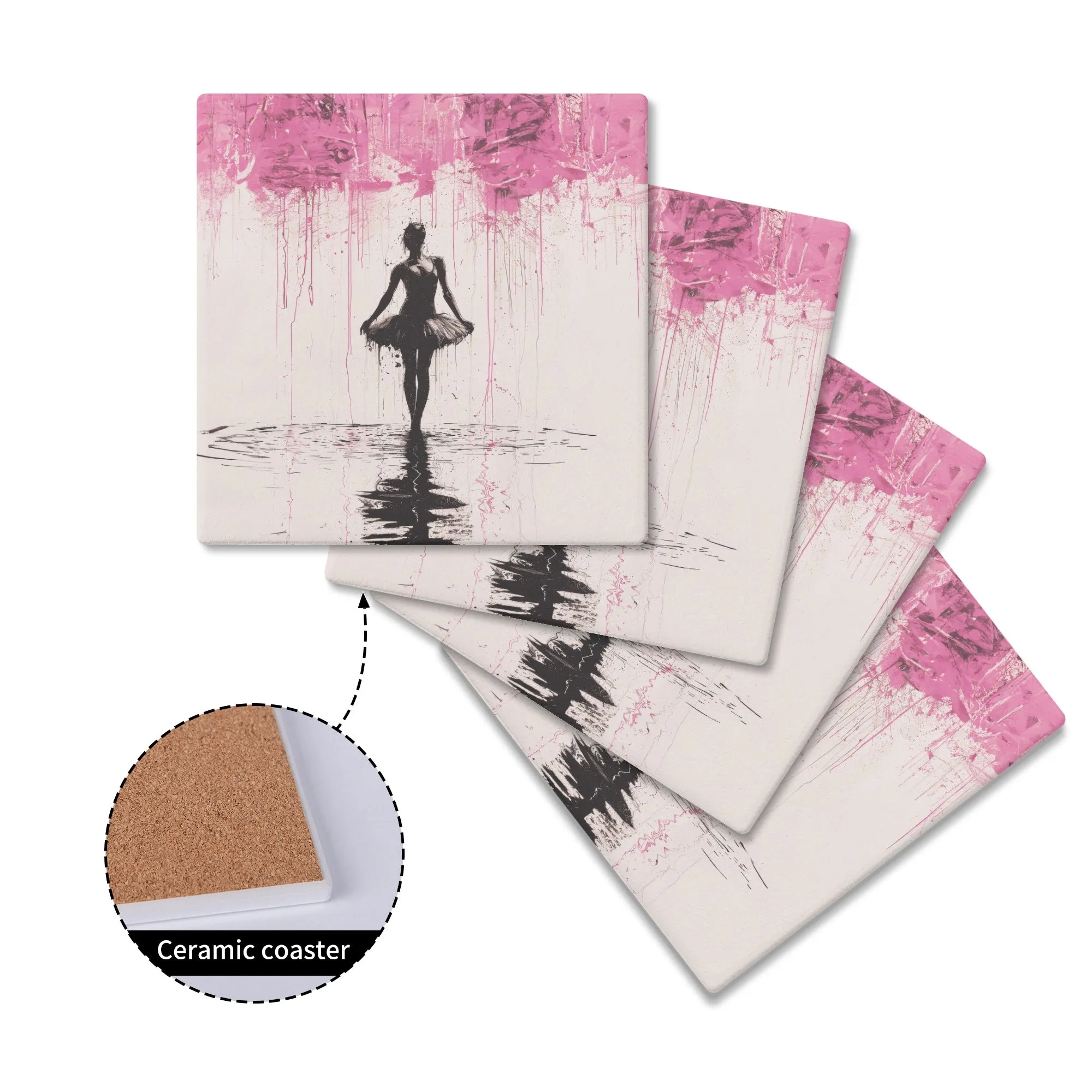 Dreamlike Reverie: Ballerina Dancing Amidst Pink Clouds and Gentle Rain Square Ceramic Coasters - Set of 4