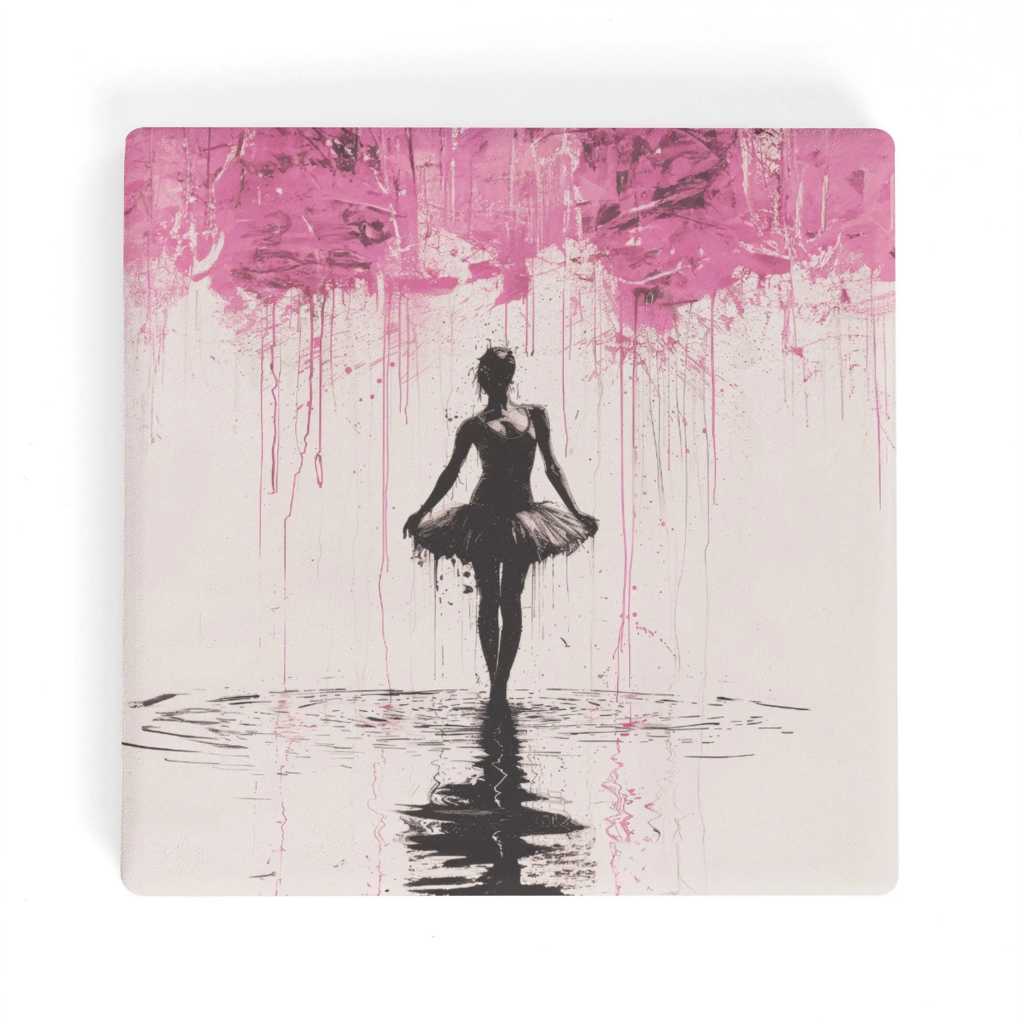 Dreamlike Reverie: Ballerina Dancing Amidst Pink Clouds and Gentle Rain Square Ceramic Coasters - Set of 4