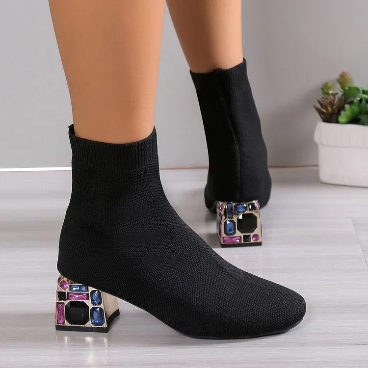 elveswallet Rhinestone embellished heel fly knit boots