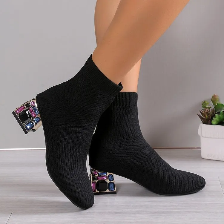 elveswallet Rhinestone embellished heel fly knit boots