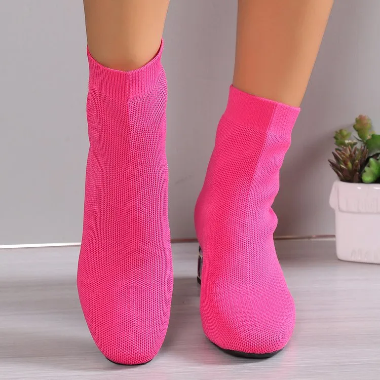 elveswallet Rhinestone embellished heel fly knit boots