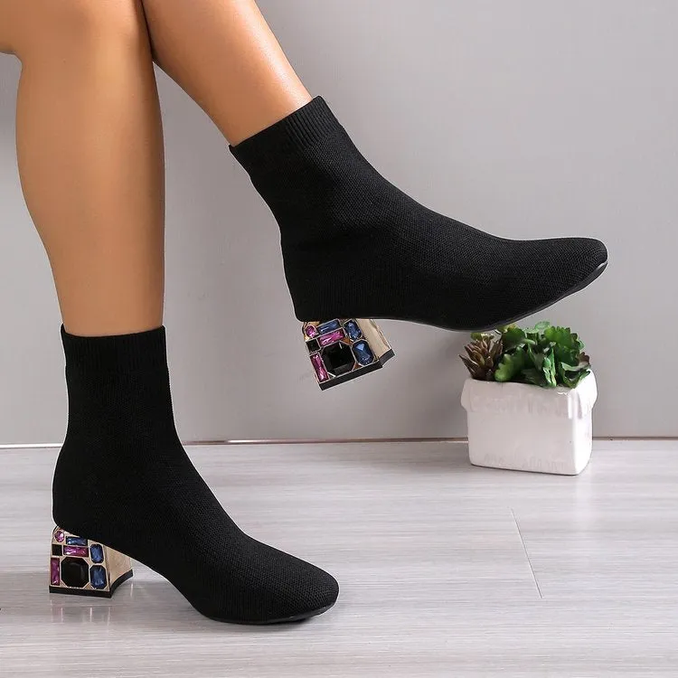 elveswallet Rhinestone embellished heel fly knit boots