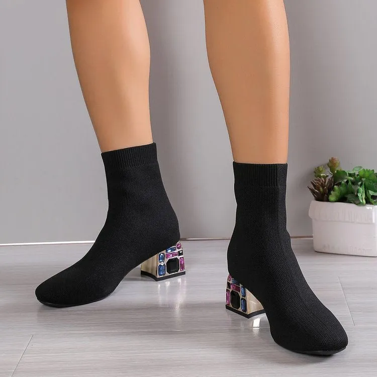 elveswallet Rhinestone embellished heel fly knit boots