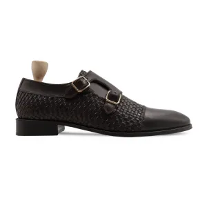 Inci - Men's Dark Brown Calf and Hand Woven Calf Leather Double Monkstrap