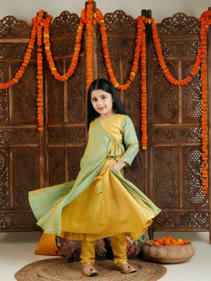 Jashvi Girl's Aqua Jacquard Anarkali Kurta Salwar Set