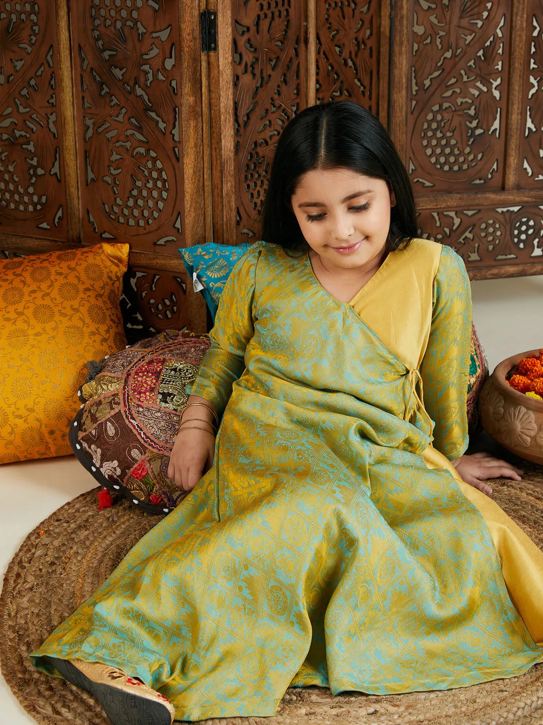 Jashvi Girl's Aqua Jacquard Anarkali Kurta Salwar Set