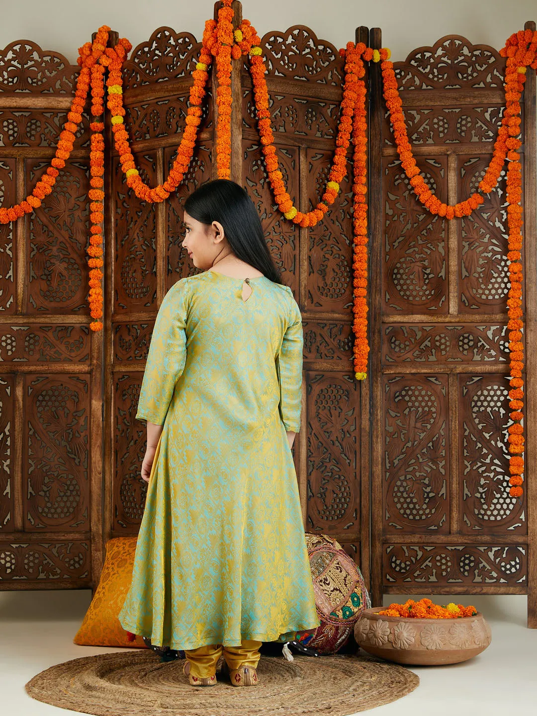Jashvi Girl's Aqua Jacquard Anarkali Kurta Salwar Set