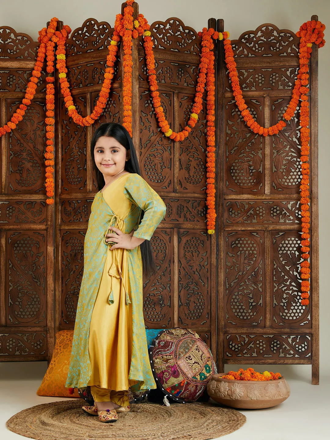 Jashvi Girl's Aqua Jacquard Anarkali Kurta Salwar Set