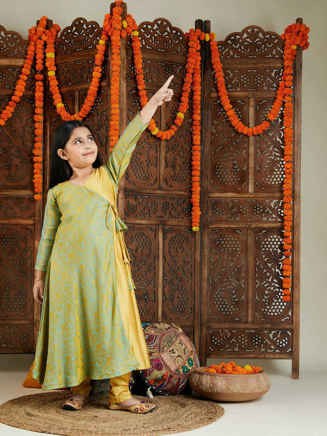 Jashvi Girl's Aqua Jacquard Anarkali Kurta Salwar Set