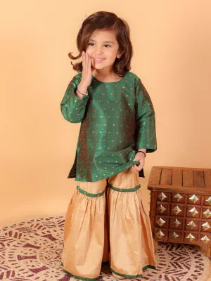 Jashvi SISHU Girls' Green Zari Kurta And Rose Gold Sharara Set