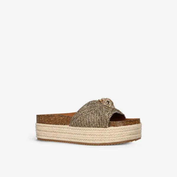 Kurt Geiger London Woven Kensington Flat Slides with Crystal Embellishment beige